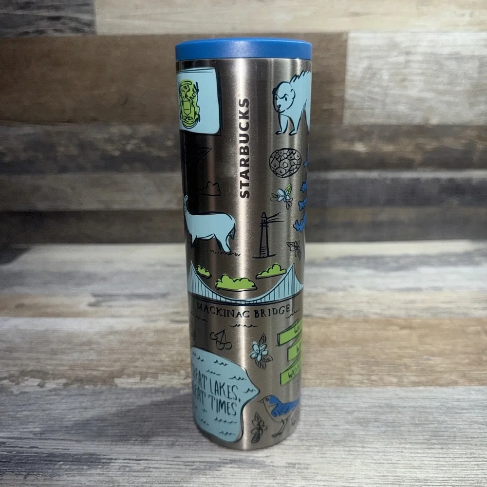 Starbucks Been There Series Michigan Stainless Steel Tumbler 16 Oz Blue Lid